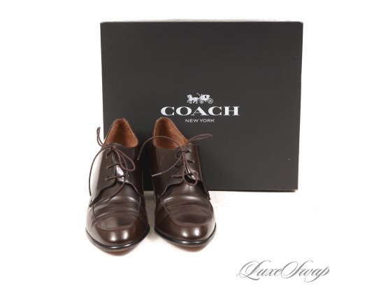WITH A BOX! VIRTUALLY NEAR MINT COACH BROWN GLOSS LEATHER TRIPLE EYELET MID-HEEL SHOES 7.5