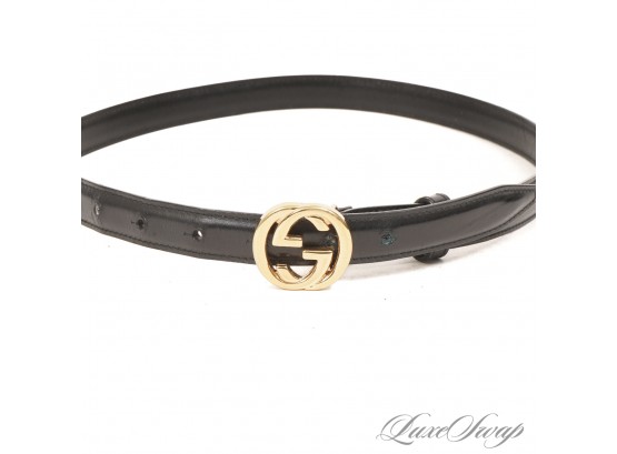 THE STAR OF THE SHOW! AUTHENTIC GUCCI MADE IN ITALY BLACK SKINNY LEATHER GOLD GG BUCKLE BELT 32