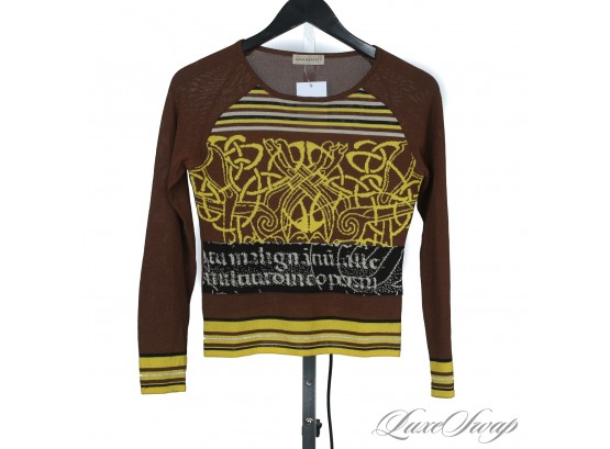 KILLER GRAPHICS : ALDO MARTINS CHOCOLATE BROWN AND CHARTREUSE CELTIC INTARSIA GRAPHIC STRETCH SHIRT 38