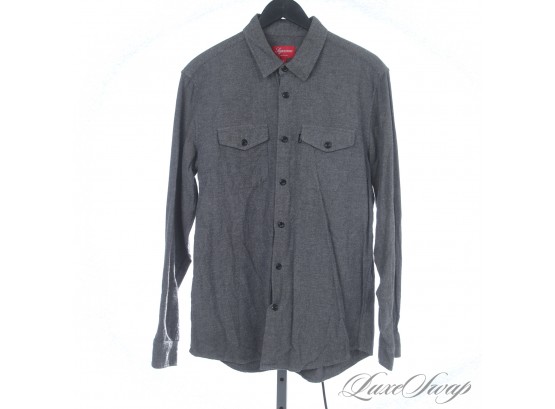 MENS SUPREME NEW YORK GRAPHITE GREY DOBBY BRUSHED FLANNEL TWO POCKET WIND BUTTON DOWN SHIRT L