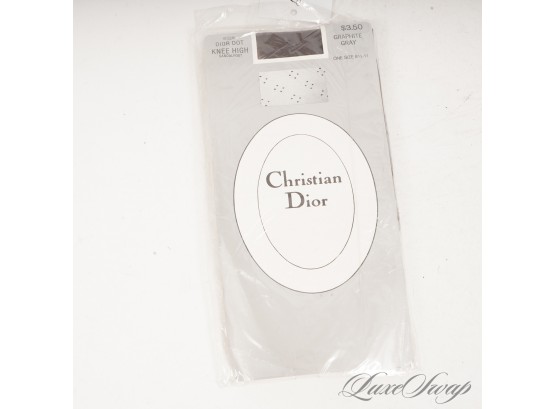 #1 DEADSTOCK VINTAGE CHRISTIAN DIOR PARIS 'DIOR DOT' TEXTURED KNEE HIGH STOCKINGS IN GRAPHITE OSF
