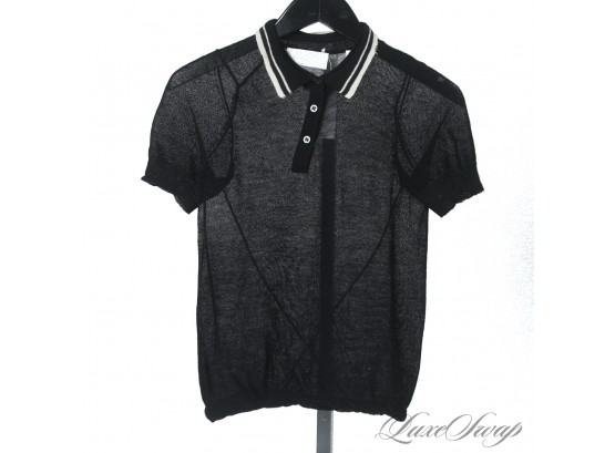 IYKYK : ALC BLACK SHEER KNIT WHITE PIPED COLLAR KNITTED STRETCH POLO SHIRT XS