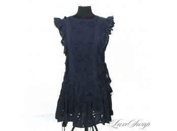 SPRING RETURNS QUICKER THAN YOU THINK! MISA LOS ANGELES NAVY BLUE VOILE COTTON LACE EYELET BELTED DRESS M