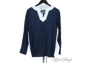 BOATRIDE READY! RALPH LAUREN PURE LINEN NAVY BLUE WHITE PIPED TUNIC SHIRT - ADORBS!! XS