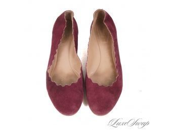 MATCHES THE BAG IN THIS AUCTION! CHLOE MADE IN ITALY BERRY WINE SUEDE SCALLOPED EDGE BALLET FLATS 38 / 8
