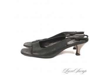 SALVATORE FERRAGAMO MADE IN ITALY BLACK GLAZED TEXTURED LEATHER MID HEEL SLINGBACK SHOES 10