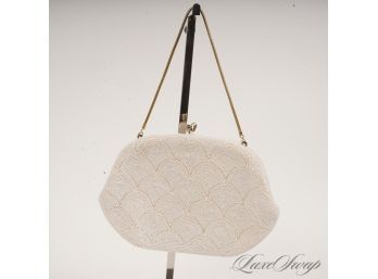 #17 VINTAGE 1960 LE REGALE MADE IN JAPAN IVORY FULLY MICRO BEADED SCALLOPED EVENING BAG WITH GOLD CHAIN