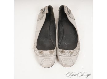 AUTHENTIC BALENCIAGA MADE IN ITALY ASH GREY LIZARD PRINT LEATHER 'MOTORCYCLE' STUDDED BALLET FLAT SHOES 37 / 7