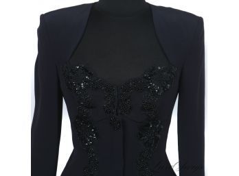DYNASTY TYPE ELEGANCE! VICKY TIEL COUTURE MADE IN FRANCE BLUE CRYSTAL EMBROIDERED SKIRT SUIT 2 PIECE 42
