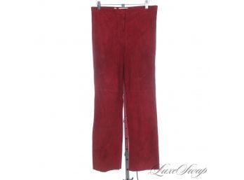 SUMPTUOUSLY DECADENT! CO & EDDY FULL SUEDE LEATHER CHERRY RED ASYMMETRICAL HEM PANTS 8