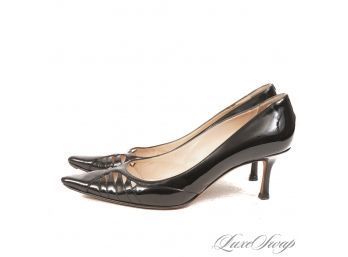 MEGA SEXY JIMMY CHOO MADE IN ITALY BLACK PATENT LEATHER SLICED FRONT MID HEEL SHOES 40 / 10