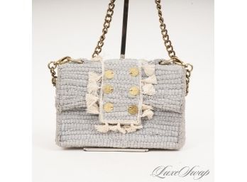#15 YOU KNOW WHAT THEYRE GONNA THINK : KOORELOO GREY BLUE TWEED FRINGED FLAP BAG WITH BRASS COINS