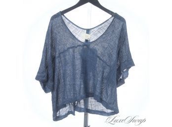 BRAND NEW WITH TAGS TINA JO MADE IN USA DENIM BLUE CRINKLED GAUZY INDIGO DYED COTTON OVERSIZED CROPPED TOP L
