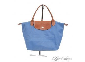 #2 SHES A CUTIE! SMALL SIZE AUTHENTIC LONGCHAMP PARIS MADE IN FRANCE PETROL BLUE MICROFIBER FOLDING TOTE BAG