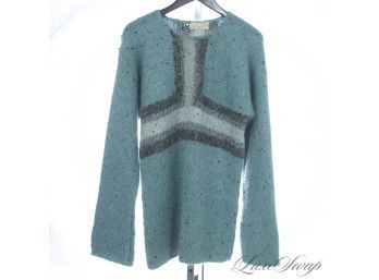 PERFECT STORM DAY SNUGGLER! LICHEN TEAL MOTTLED BLUE DONEGAL SHAGGY MOHAIR FEEL CROSS LONG SWEATER