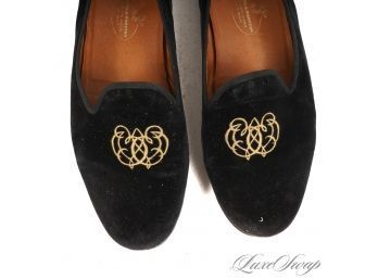 THE ONES EVERYONE WANTS! MENS STUBBS & WOOTTON BLACK VELVET GOLD SCRIPT CREST SMOKING LOAFERS 9