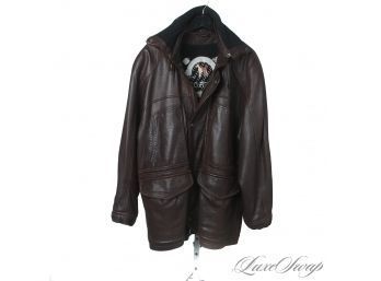 BEAT THE COLD: MEGA HEAVYWEIGHT MENS MARCO PIERGUIDI MADE IN ITALY BROWN LEATHER COAT W/SHEARLING COLLAR US 42