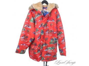 NEAR MINT AND COMPLETELY AWESOME BILLIONAIRE BOYS CLUB RED TROPICAL ISLAND PRINT FAUX HOODED PARKA COAT L
