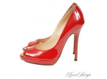 INCREDIBLE AND SUPER SEXY JIMMY CHOO MADE IN ITALY FIRE ENGINE RED PATENT LEATHER PEEP TOE SHOES 37 / 7