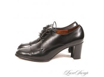 THESE WITH SOME STOCKINGS NIIIIIICE : COACH BLACK GLOSS LEATHER TRIPLE EYELET MID-HEEL SHOES 7.5