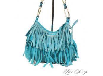 #1 INCREDIBLE Y2K ERA YVES SAINT LAURENT PARIS YSL TURQUOISE SUEDE AND LEATHER FRINGED SMALL HOBO BAG