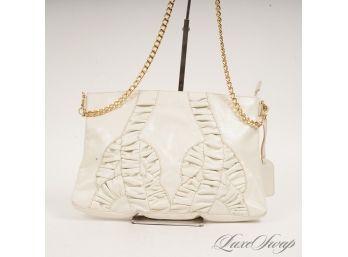 #23 BADGLEY MISCHKA IVORY WHITE PLEATED DETAIL LARGE FLAT BAG WITH GOLD STRAP