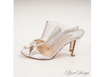 STARLETS LETS GO! MANOLO BLAHNIK MADE IN ITALY PLATINUM SILVER LEATHER PVC T STRAP MULES SHOES 37