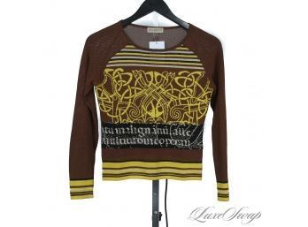 KILLER GRAPHICS : ALDO MARTINS CHOCOLATE BROWN AND CHARTREUSE CELTIC INTARSIA GRAPHIC STRETCH SHIRT 38