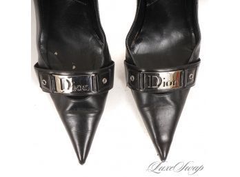 INCREDIBLE FIND : FALL WINTER 2004 CHRISTIAN DIOR PARIS BLACK LEATHER STENCIL LOGO BUCKLE PUMPS SHOES 40 / 10