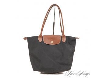 YOU ALWAYS NEED ONE OF THESE : LONGCHAMP MADE IN FRANCE 'LE PLIAGE SHOPPING' BLACK MICROFIBER FOLDING BAG