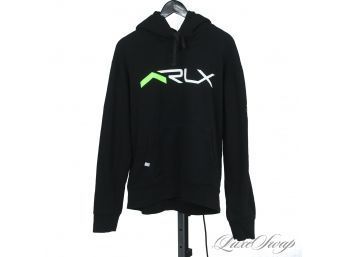 NEAR MINT MENS RLX RALPH LAUREN BLACK HOODIE WITH WHITE AND NEON GREEN PERFORMACE DECALS L