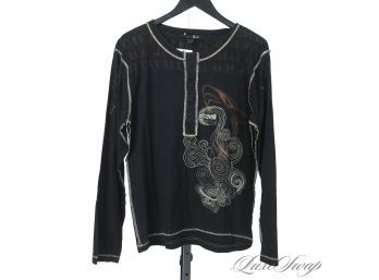 CLUB READY! MENS ROBERTO CAVALLI BLACK LONG SLEEVE HENLEY SHIRT WITH CONTRAST TRIM AND EMBROIDERY 52 / US XL