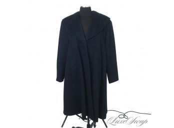 THE STAR OF THE SHOW! VINTAGE CHRISTIAN DIOR PARIS NAVY BLUE HEAVYWEIGHT HOODED SHAWL COLLAR LONG COAT