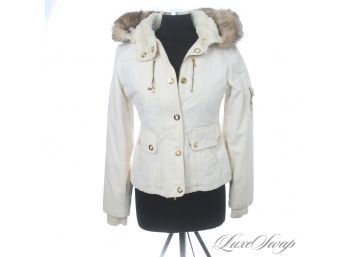 MAD CUTE : GUESS ECRU / OFF WHITE PIQUE CANVAS SHERPA AND FAUX FUR TRIM HOODED MID SEASON COAT M