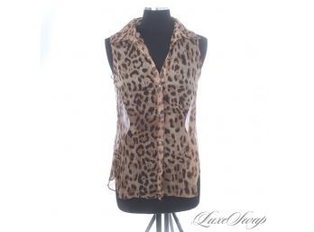 IT REALLY IS THOUGH : HOT AND DELICIOUS (YASSSSS!) SHEER CHIFFON LEOPARD PRINT SLEEVELESS SHIRT S