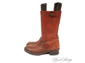 THESE ARE SPECIAL : PERFECTLY DISTRESSED FRYE UNLINED CHILI RED LEATHER TALL HARNESS ENGINEER BOOTS WOMENS