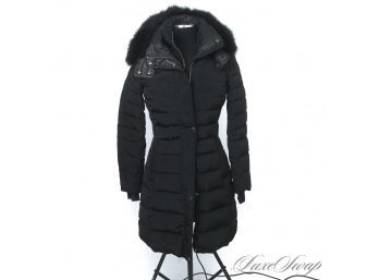 ALL QUALITY : WOMENS ANDREW MARC BLACK GOOSE DOWN FILLED GENUINE COYOTE FUR HOODED FITTED LONG COAT XL