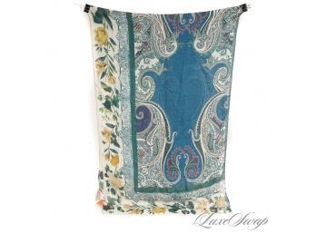 BRAND NEW WITH TAGS $320 ETRO MADE IN ITALY CASHMERE BLEND WHITE TEAL SIGNATURE BROCADE SHAWL WRAP SCARF