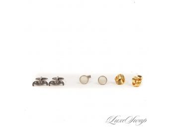 #4 LOT OF 3 TOTALLY DOPE GENTLEMENS CUFFLINKS IN GOLD KNOT, GUNMETAL MOUSTACHE HANDLEBAR & MOTHER OF PEARL