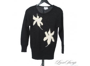 VINTAGE 1980S THREE FEET OFF ANGORA BLEND BLACK KNIT DOUBLE FLORAL WOMENS SWEATER WITH FAUX PEARLS S