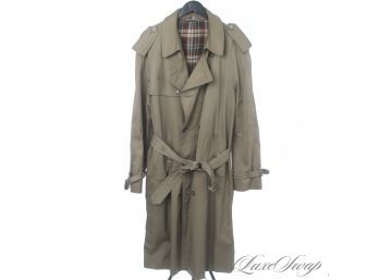 ANONYMOUS BUT ESSENTIAL MENS KHAKI GREEN COTTON BLEND BELTED RAIN COAT WITH TARTAN LINER 44 LONG