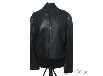 BUTTER SOFT! KNOLES & CARTER WOMENS BLACK NAPPA LEATHER COLLARLESS ZIP MOTORCYCLE CAFE JACKET