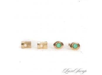 #3 LOT OF 2 BEAUTIFUL VINTAGE GENTLEMENS CUFFLINKS IN GOLD TONE WITH FAUX PEARL AND GREEN STONE