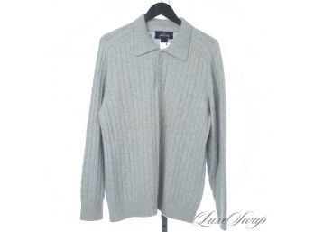SUMPTUOUS! MENS ALLEN SOLLY 100 PERCENT PURE CASHMERE HEATHER GREY CABLEKNIT POLO SWEATER L