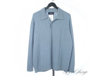 SUMPTUOUS! MENS ALLEN SOLLY 100 PERCENT PURE CASHMERE BABY BLUE CABLEKNIT POLO SWEATER L