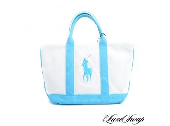 AUTHENTIC POLO RALPH LAUREN CREAM CANVAS AND TURQUOISE BIG PONY TOTE BAG