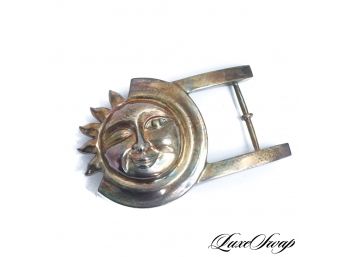 AN INCREDIBLE VINTAGE WINKING ASTROLOGICAL SUN MOON BELT BUCKLE, LIKELY STERLING SILVER