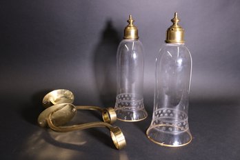 Pair Of Brass & Etched Glass Wall Candle Sconces