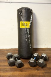 Everlast Hanging Bag And Free Weights