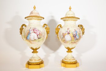 Pair Of Antique Sevres Hand Painted Lidded Urns With Bronze Mounts